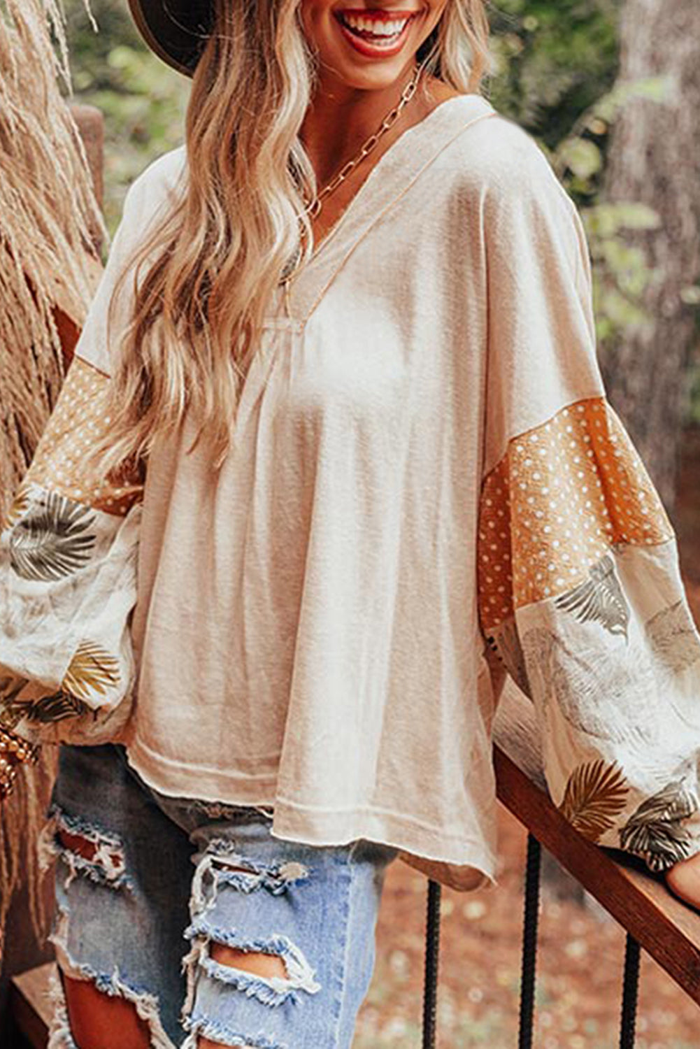 Palm Leaves Polka-Dot Puff Sleeve V Neck Blouse