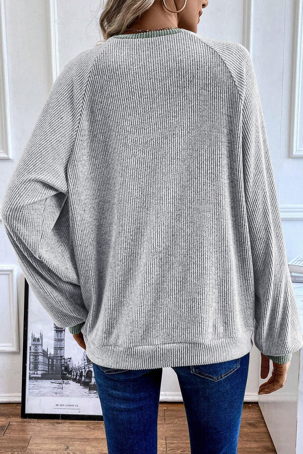 Light Grey Ribbed Loose Fit Long Sleeve Shirt