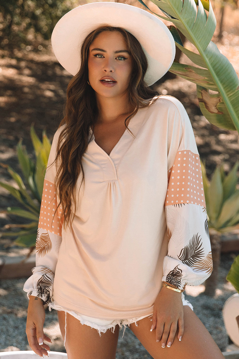 Palm Leaves Polka-Dot Puff Sleeve V Neck Blouse