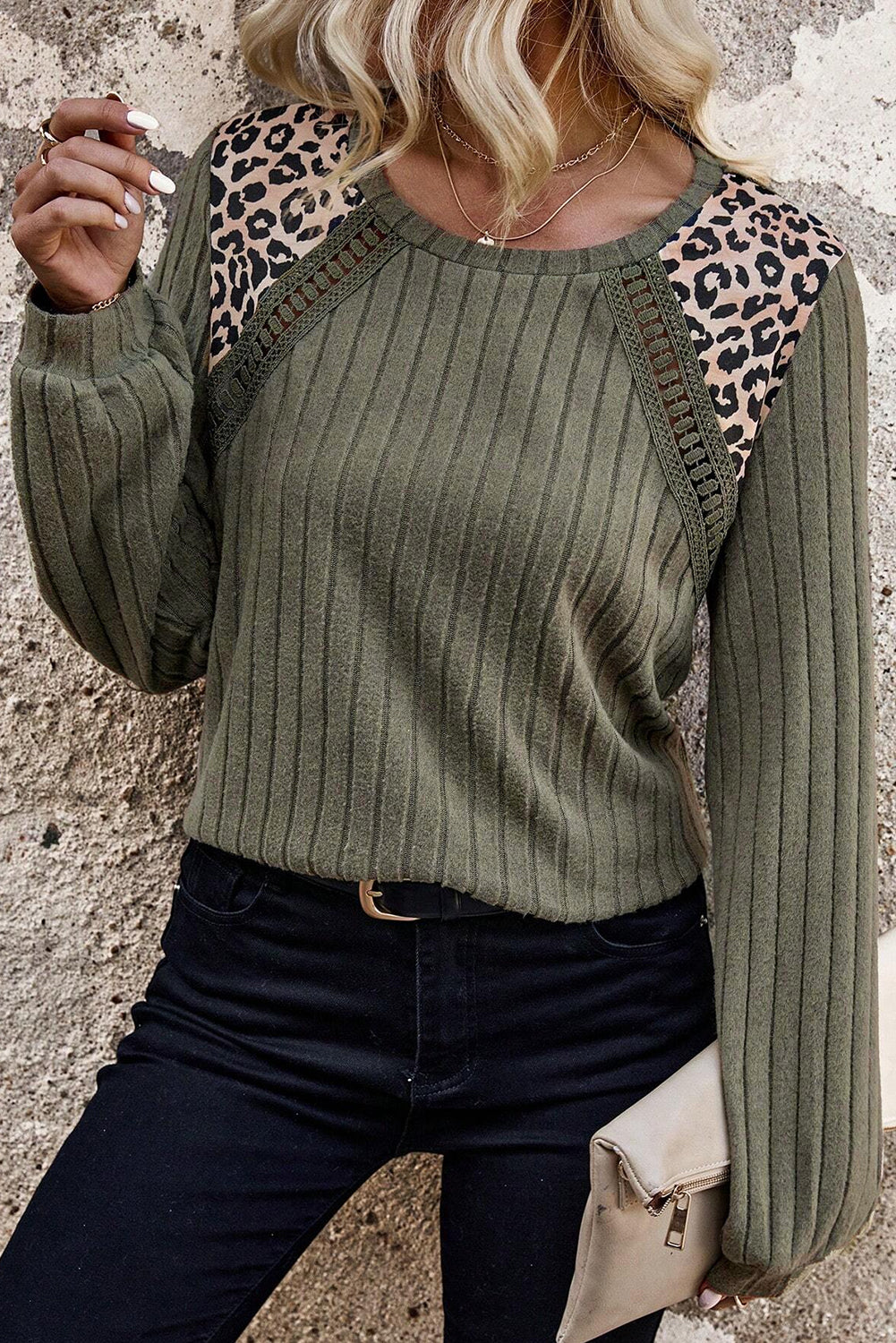 Moss Green Leopard Print Rib Top