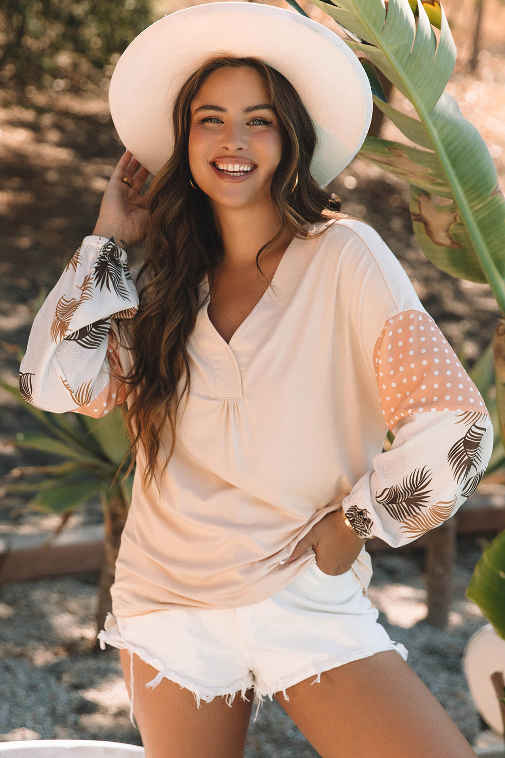 Palm Leaves Polka-Dot Puff Sleeve V Neck Blouse