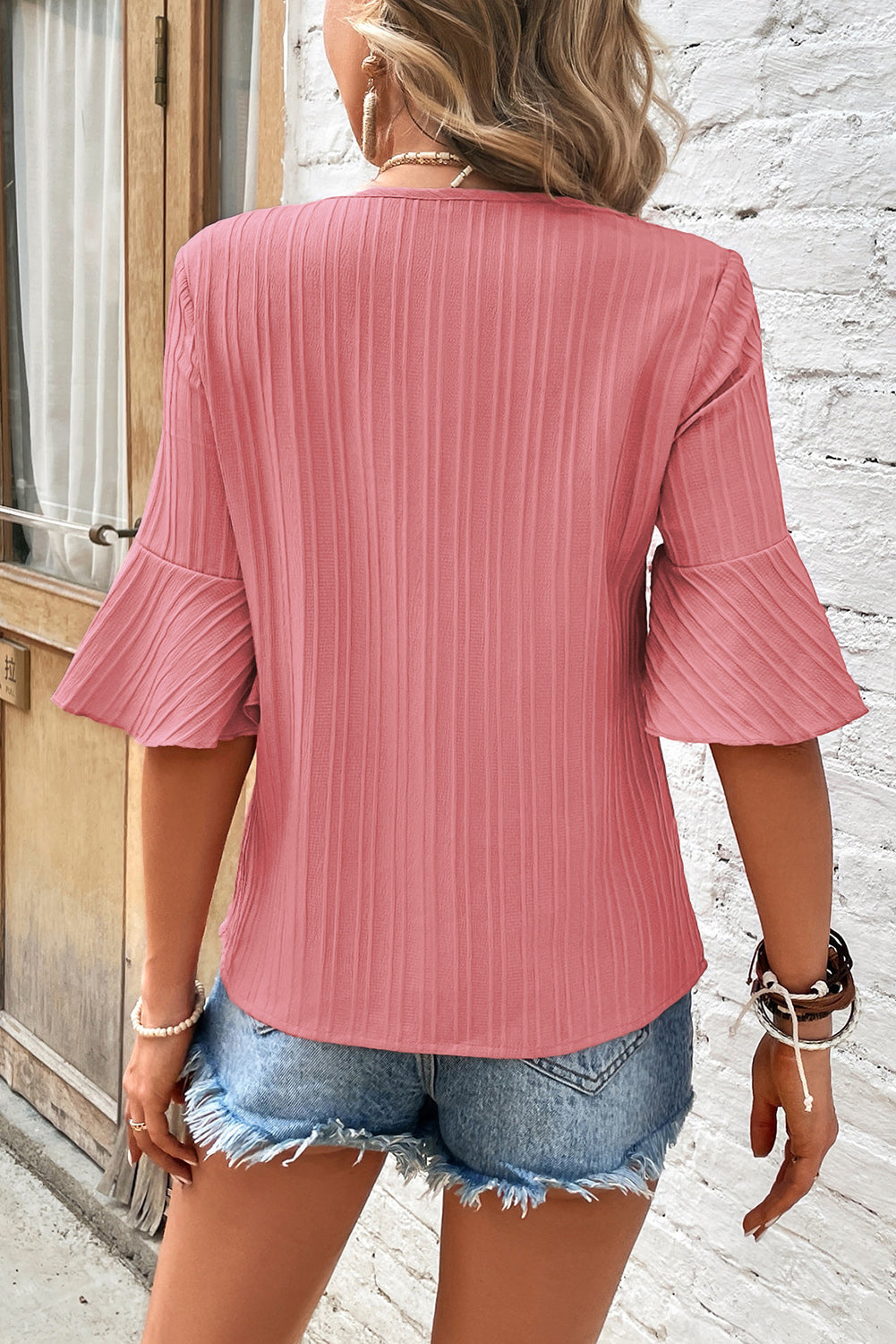 Peach Blossom Ruffled Half Sleeve V Neck Top