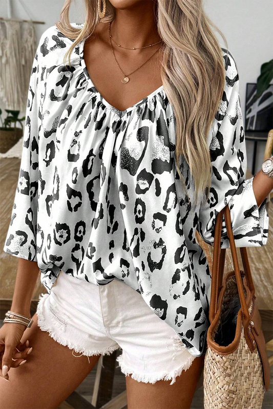 Black Leopard Print V Neck 3/4 Sleeve Blouse