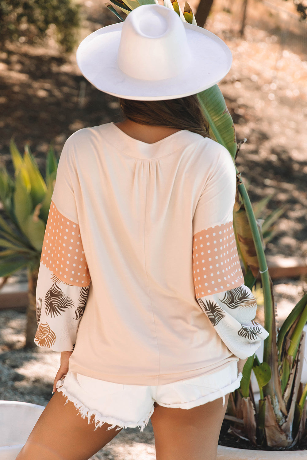 Palm Leaves Polka-Dot Puff Sleeve V Neck Blouse