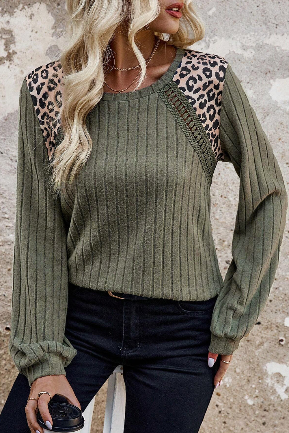 Moss Green Leopard Print Rib Top